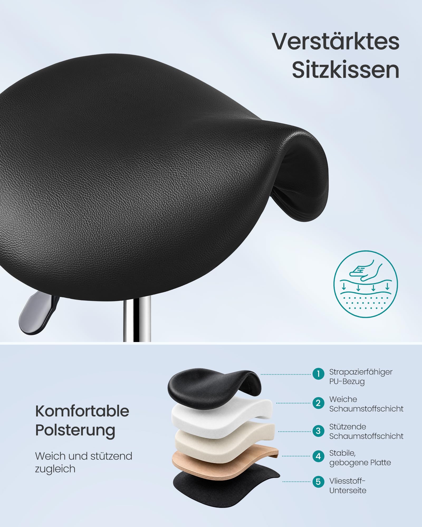 SONGMICS Sattelhocker ergonomisch, Rollhocker höhenverstellbar 360° drehbar, PU, mit Rückenlehne, tintenschwarz