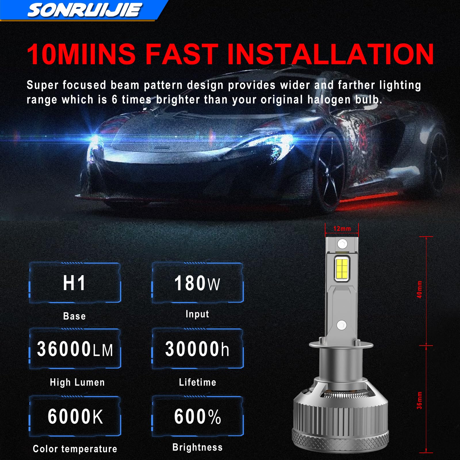 H1 Żarówka do reflektora LED, 180 W 36000 lm, rozmiar halogenowy 1:1, wszystko w jednym zestawie do konwersji żarówki LED H7 z wentylatorem chłodzącym, kolor biały 6000 K (zestaw 2 szt.)