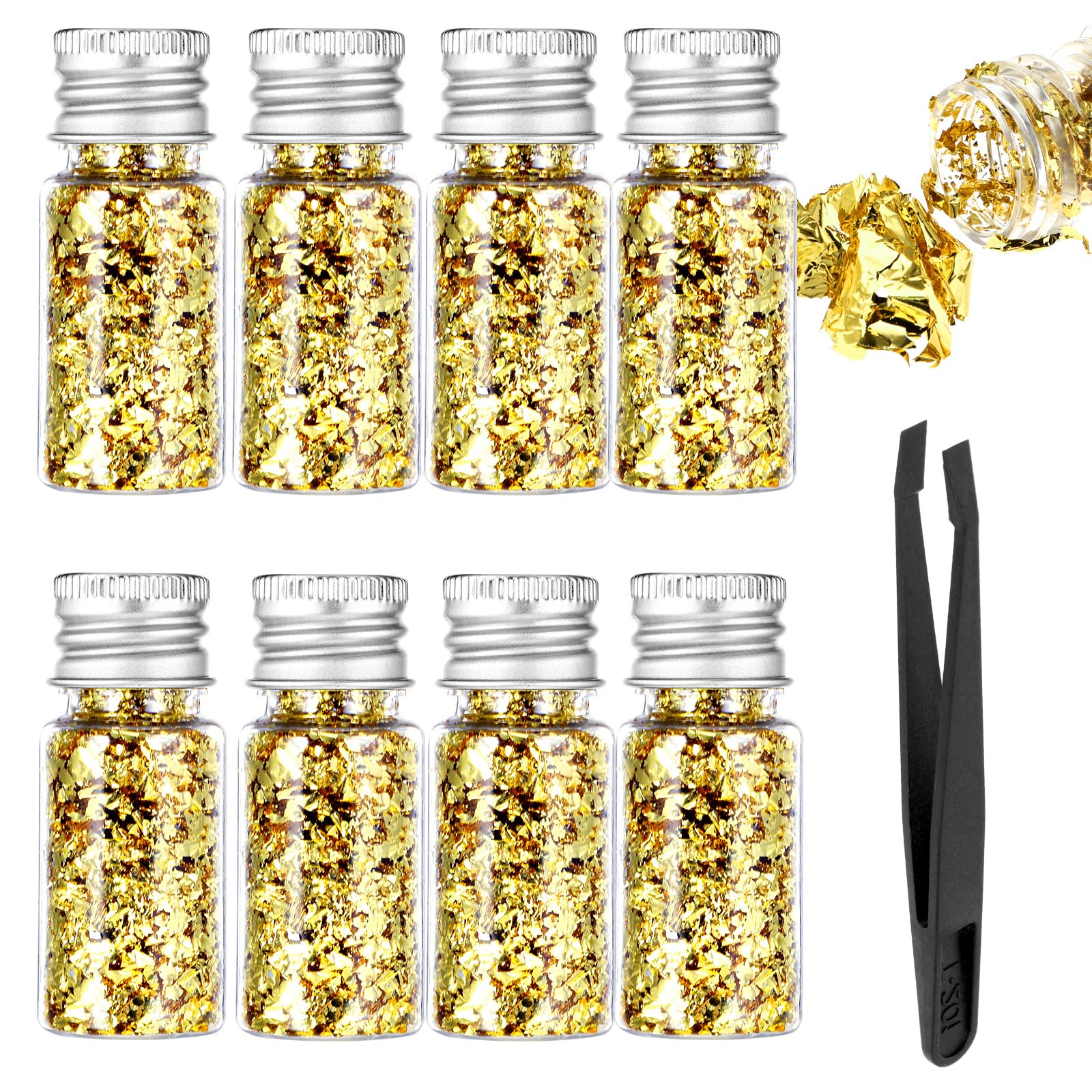 8Pcs Decorative Gold Leaf, Multifunction Gold Flakes with Tweezers Leaf Sheets Decorative for Cooking Dessert Steak Decoration Crafts Makeup
