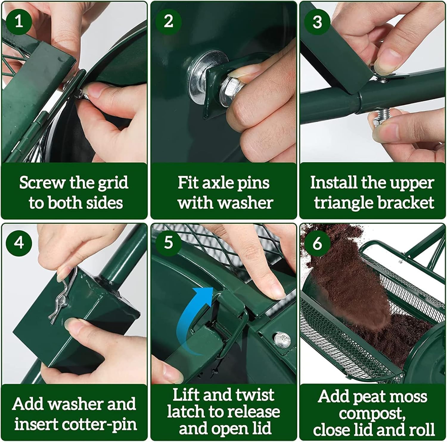 Compost Spreader for Lawn Garden, 24In Heavy Duty Metal Mesh Roller Push/Tow Spreader, Upgraded Handle Durable Lightweight for Planting, Seeding, Hinge Door to Open Easily