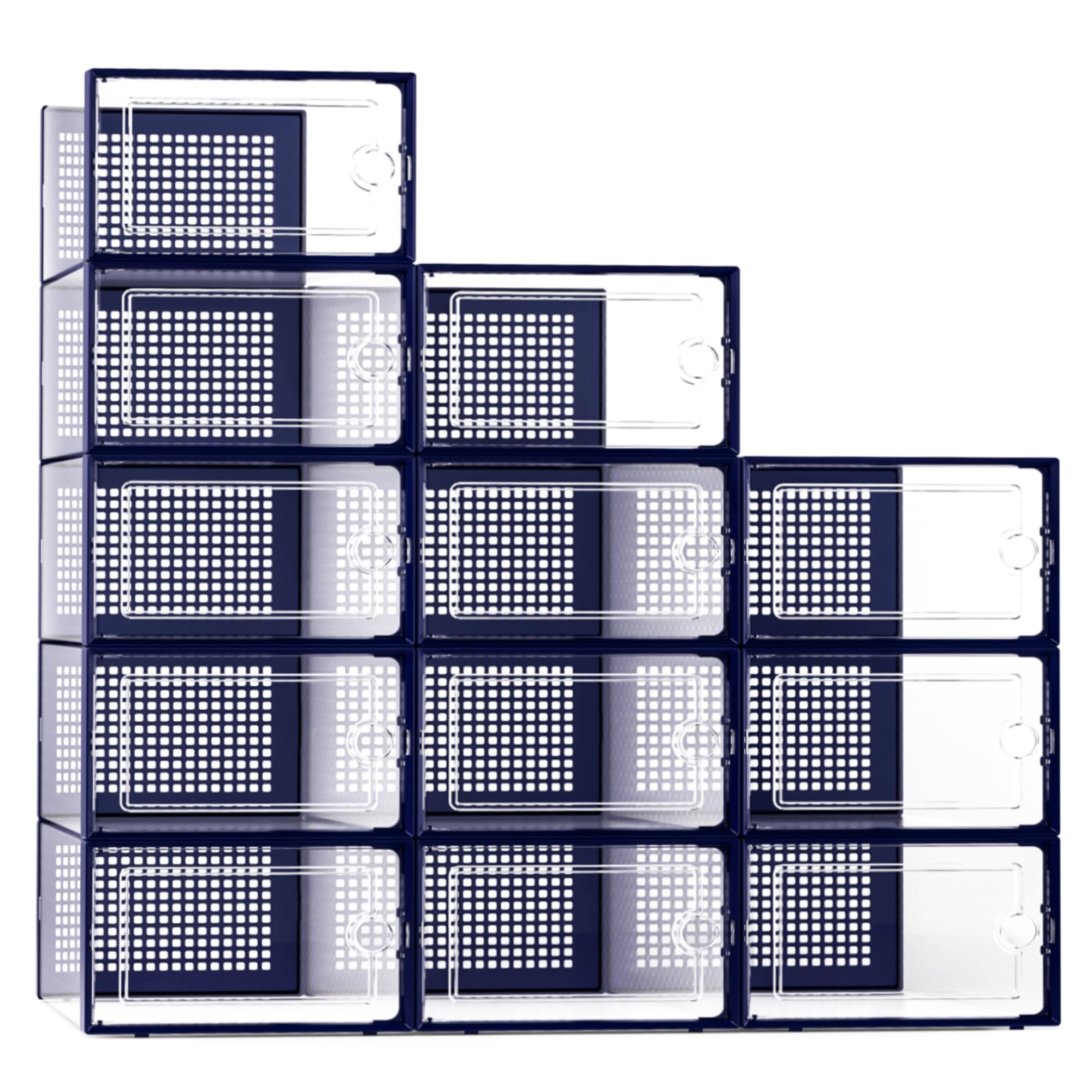 Kuject Large Shoe Organizers Storage Boxes for Closet 12 Pack, Clear Plastic Stackable Sneaker Containers Bins with Lids, Great Substitute for Shoe Rack, Space Saving for Entryway, Under Bed, Blue