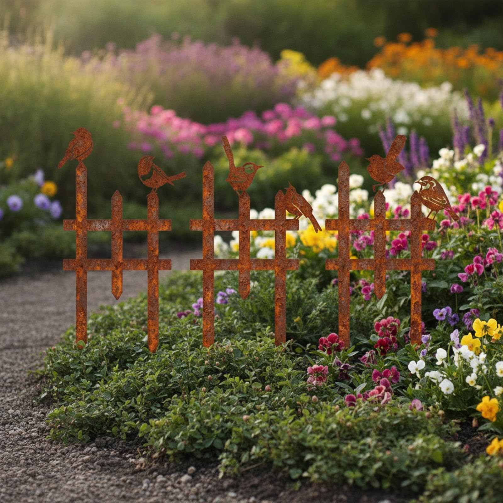 3 Pieces Recinzione a Picchetto con Uccelli Stile Steccato Fence Decorativo con Contorni di Uccelli Traforato Recinzione Decorativa da Giardino, Ruggine