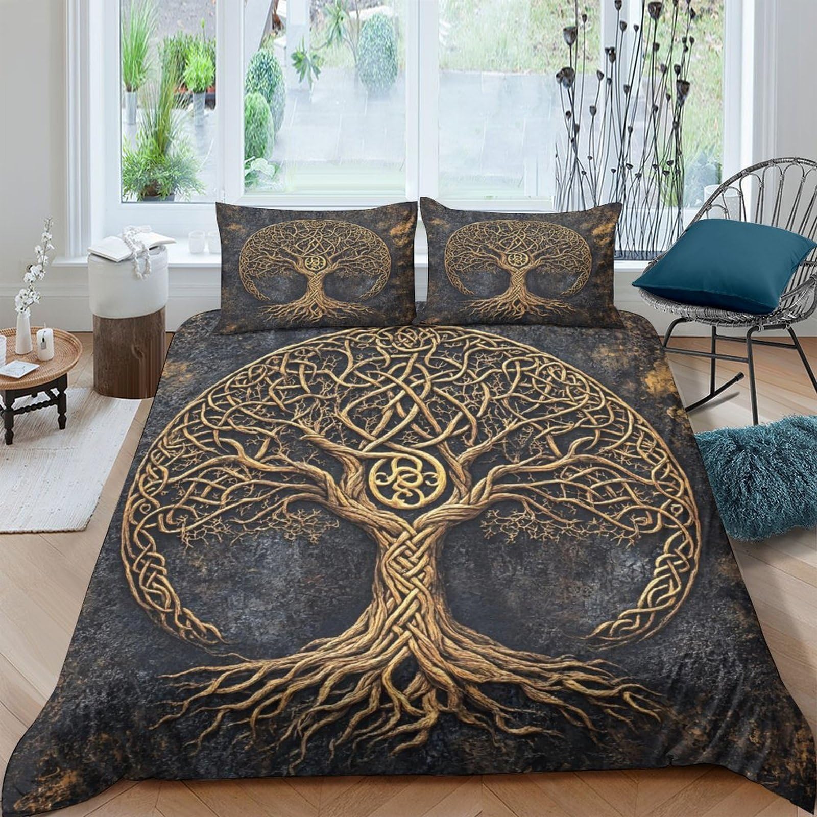Ctjqhvkz Style-4 3D Printed Nordic Tree Of Life Fitted Sheet Microfiber Gold Pattern Mattress Cover Bedroom Decor Single（135X200cm）