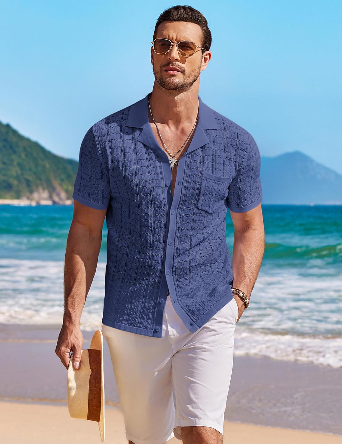 COOFANDY Men's Knit Shirts Short Sleeve Button Down Casual Polo Shirt Summer Beach Vacation Shirts