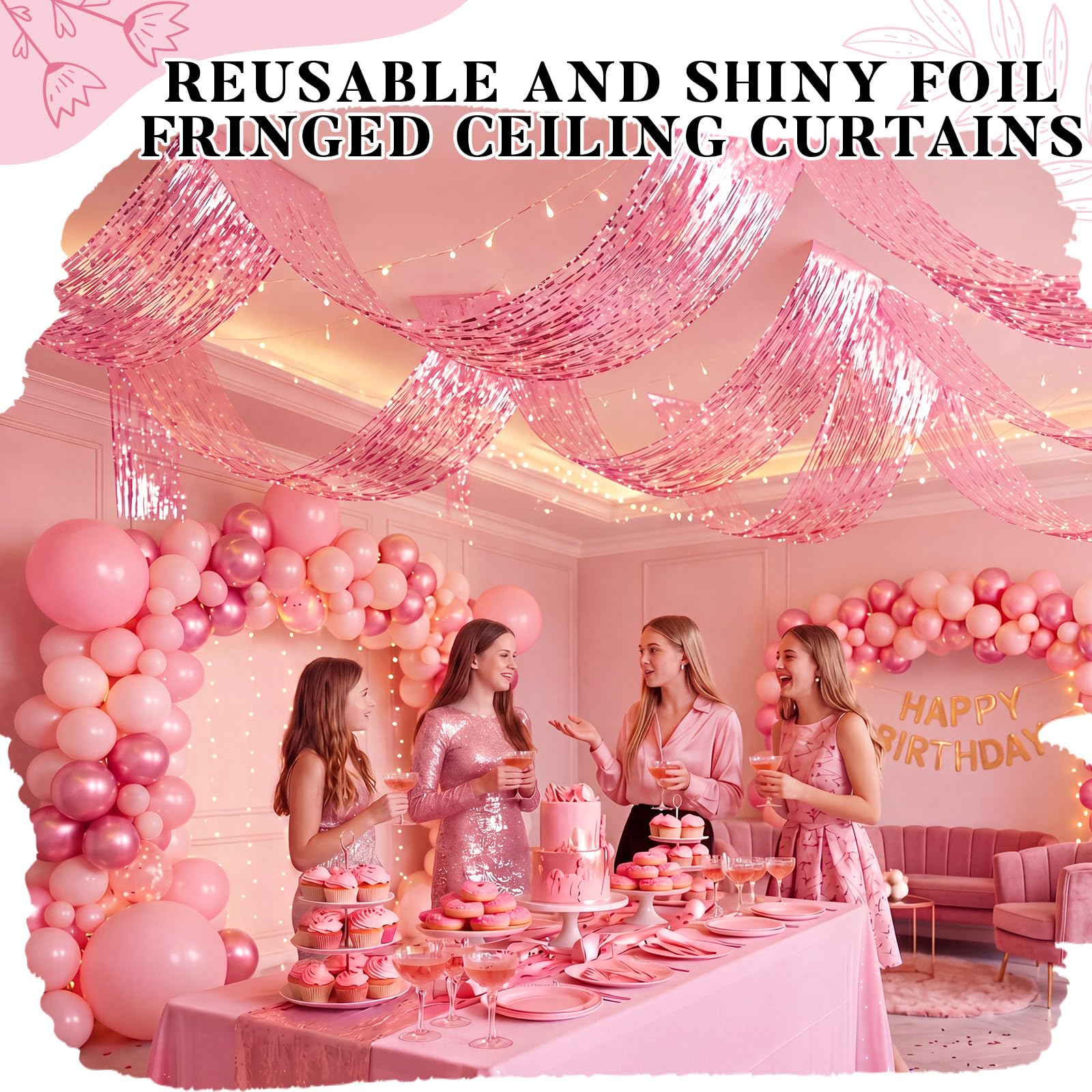 Breling 8 tende a frange rosa per soffitto, in lamina metallica, 4,6 m | Decorazione romantica per addio al nubilato, addio al nubilato, San Valentino, compleanno, ballo di fine anno e sfondi
