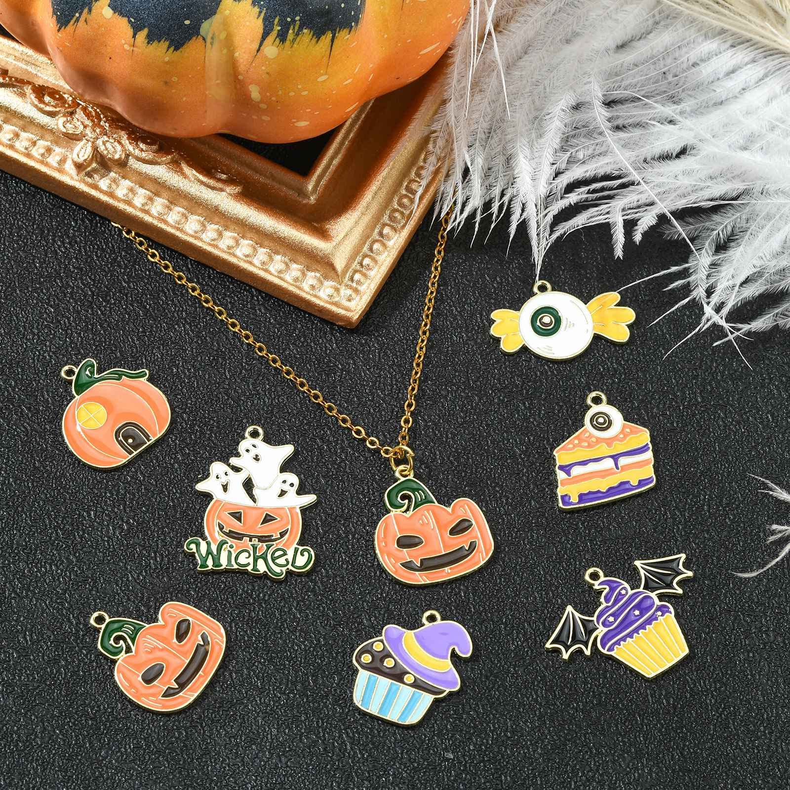Stiesy 35Pcs 7 Styles Halloween Charms Pendants Enamel Pumpkin Ghost Charms Cake with Witch Hat Dangle Charms for DIY Crafts Jewelry Making Decor - Image 4