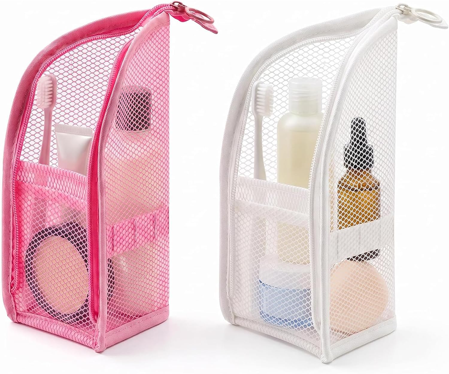 Portable Standing Toiletry Bag, Double Layer Water-Resistant EVA Mesh Travel Organizer with Zipper and Hanging Loop, Foldable Large Capacity Cosmetic Bag for Bathroom, Gym and Suitcase，White+Pink
