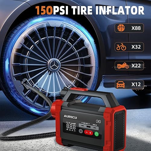 Miniatura 3 de X8 2400A Jump Starter Compresor de aire de 150 PSI Paquete de refuerzo de batería de litio de 12 V, caja de salto portátil, banco de energía y