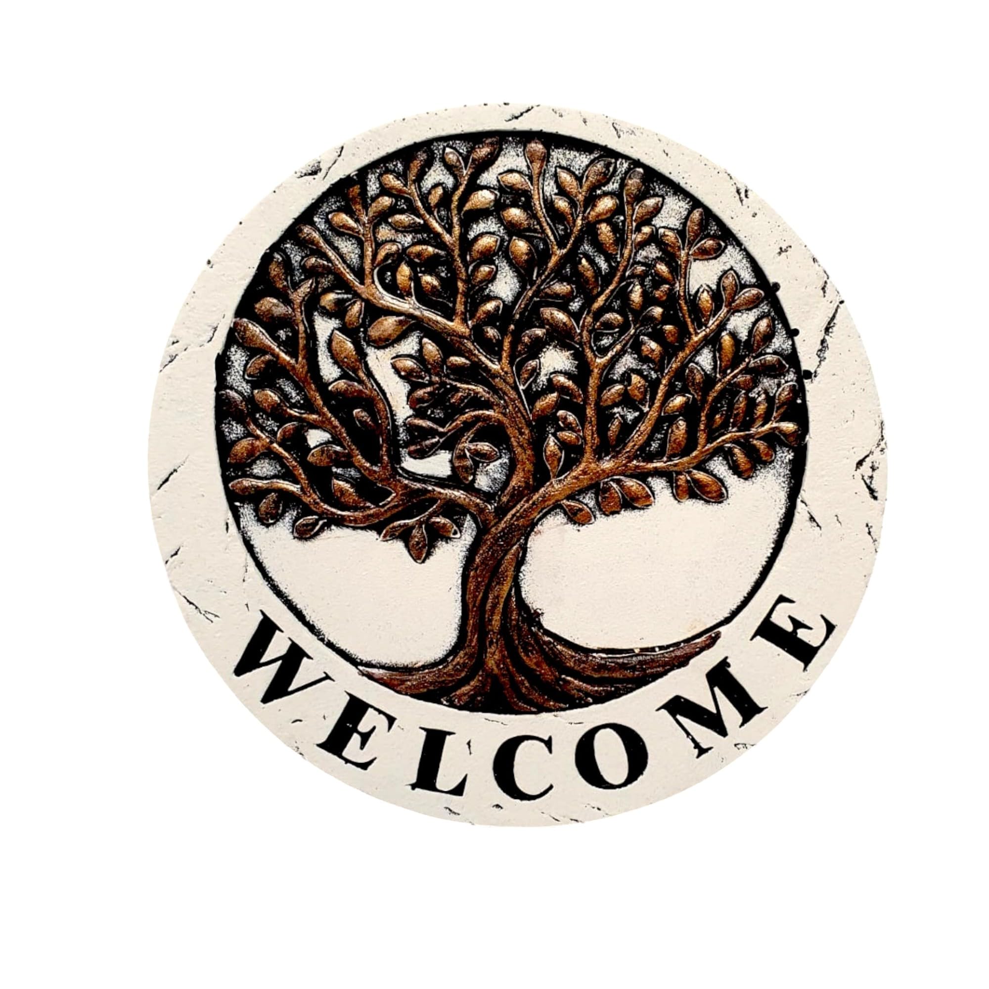 DIVAS SPIRITUAL Round Cement Stepping Stone Tree of Life 25.5 cm Welcome Garden Ornament Rustic Pathway Slab Decorative Outdoor Plaque for Lawn Patio Yard Entrance (1)