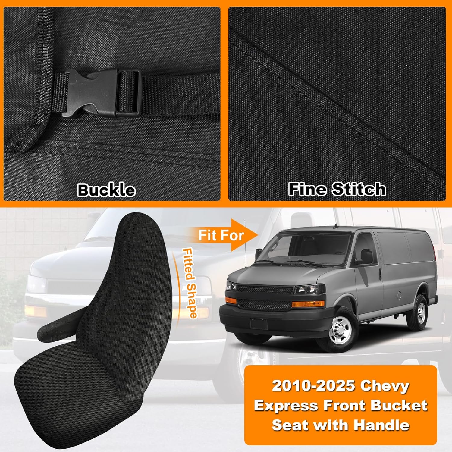 Seat Covers Compatible with 2010-2025 Chevy Express Front Bucket Seats with Opening for Grab Handle on Passenger Side Backrest, NOT for RV Seats (Black, 2010-2024 Express Front (Knitted))