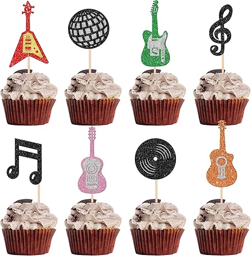Paquete de 24 adornos para cupcakes de guitarra, notas musicales, adornos para magdalenas, guitarra, rock, instrumento musical, decoración de