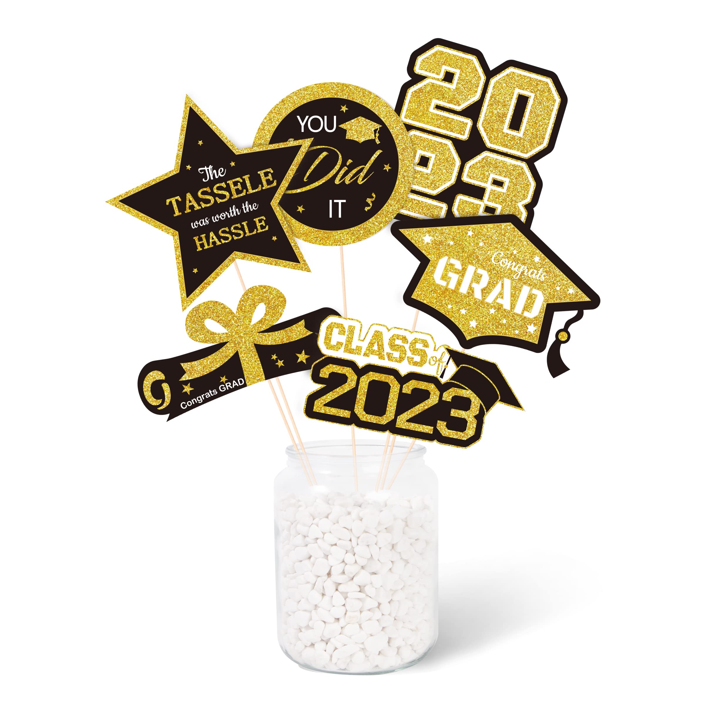 Gexolenu Graduation Party Decoration 2023, 30 PCS Black Gold Double-Sided Printed Class of 2023 Graduation Centerpieces for Tables, Graduation Toppers Centerpiece Sticks Party Supplies, Set of 5