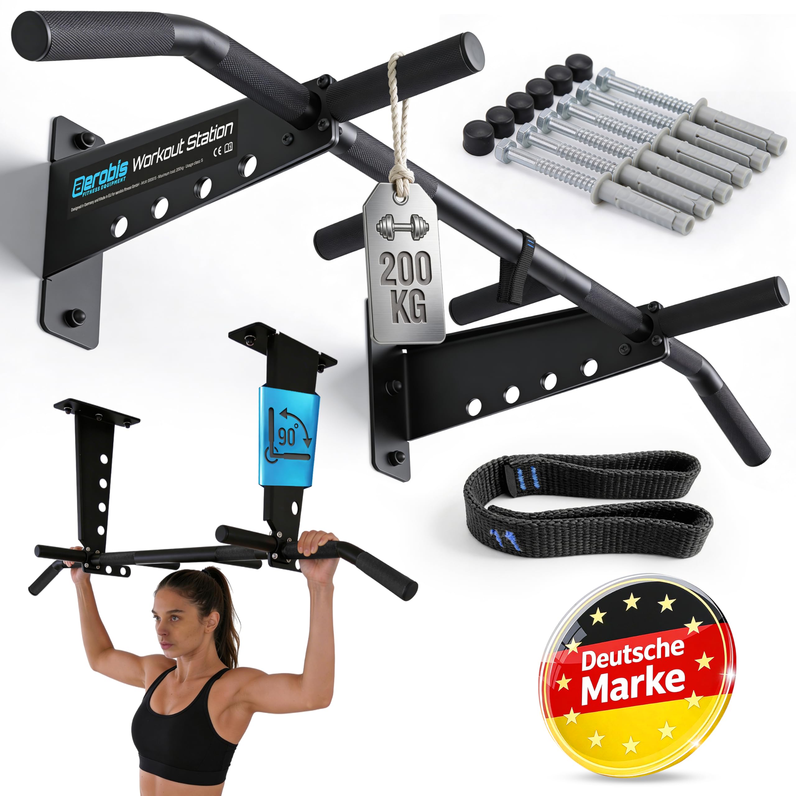 aerobis® Klimmzugstange Wand - Wand- & Deckenmontage bis zu 200kg | Inklusive Montageset & Schlingentrainer - Reckstange indoor, Trainingsstange, Klimmzug
