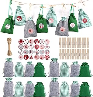 Advent Calendar Bags - 24 Days Christmas Advent Drawstring Bags,24 Days Burlap Gift Bags with Rope, Calendar Countdown Gift for Kids and Adults Jikiaci