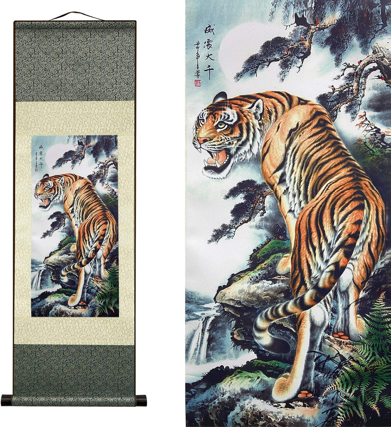 Atfart O-160 Silk Scroll Painting Asian Wall Decor Animal - Deterrence Tiger - Tiger Megatron Beautiful Chinese Art Wall Scroll Hanging Painting Scroll Oriental Decor(36.2X12in)