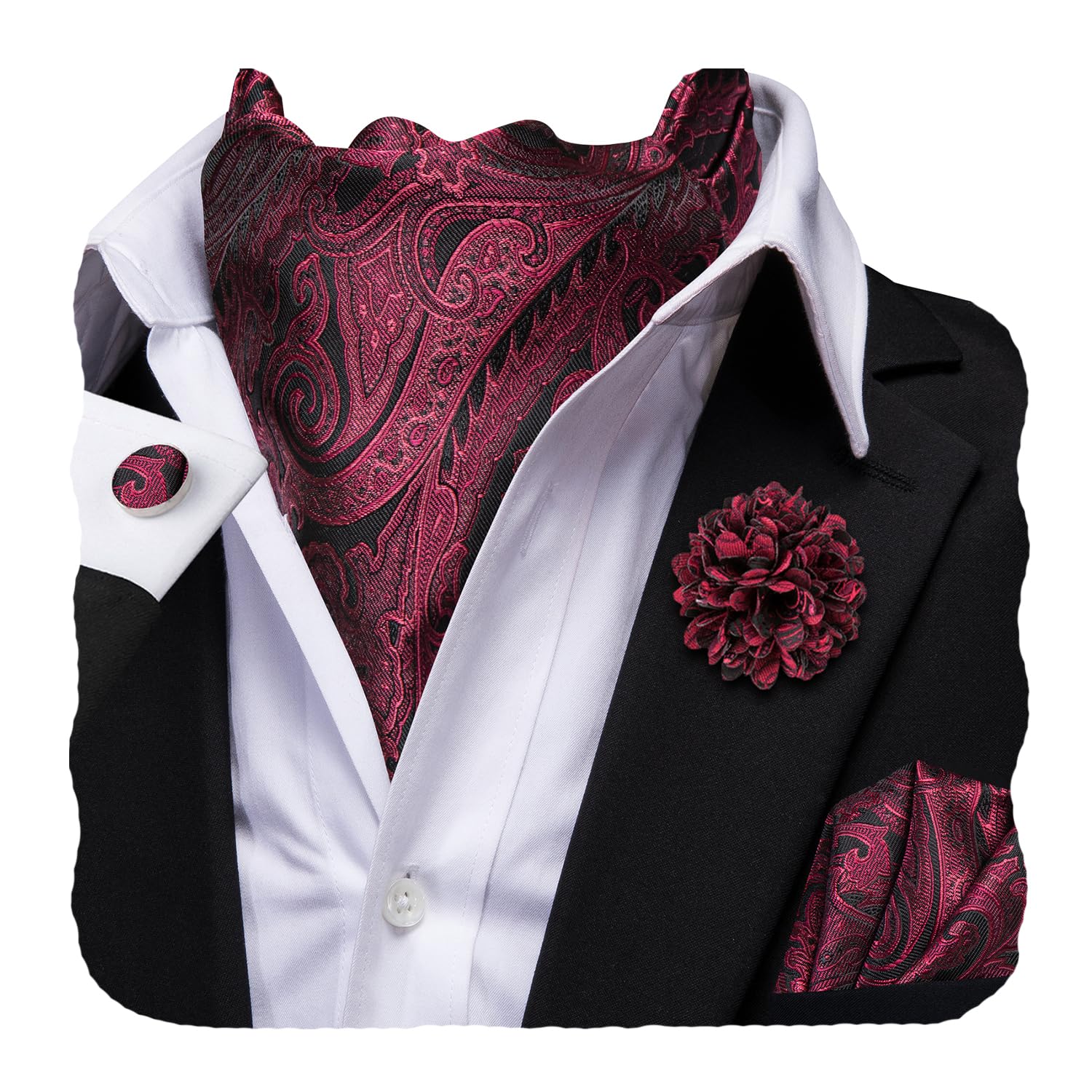 Hi-Tie Silk Ascot for Men Self Tie Men's Cravat and Flower Lapel Pin Handkerchief Cufflinks Set for Wedding Party