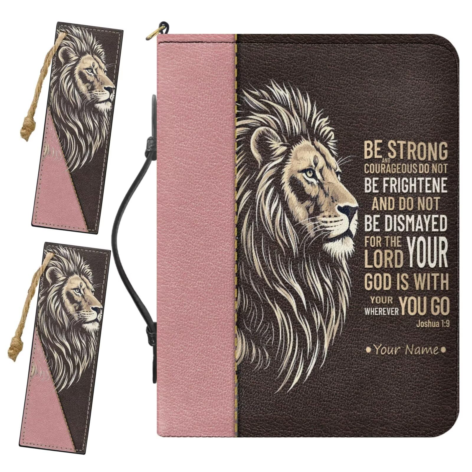 Drnuikhe Custom Bible Covers with Name, Personalized Bible Case with Handle and 2 Bookmarks, Lion Print Joshua 1:9 Bible Protecto with Inner Pockets and Pen Loop, Christian Gifts for Women, Medium