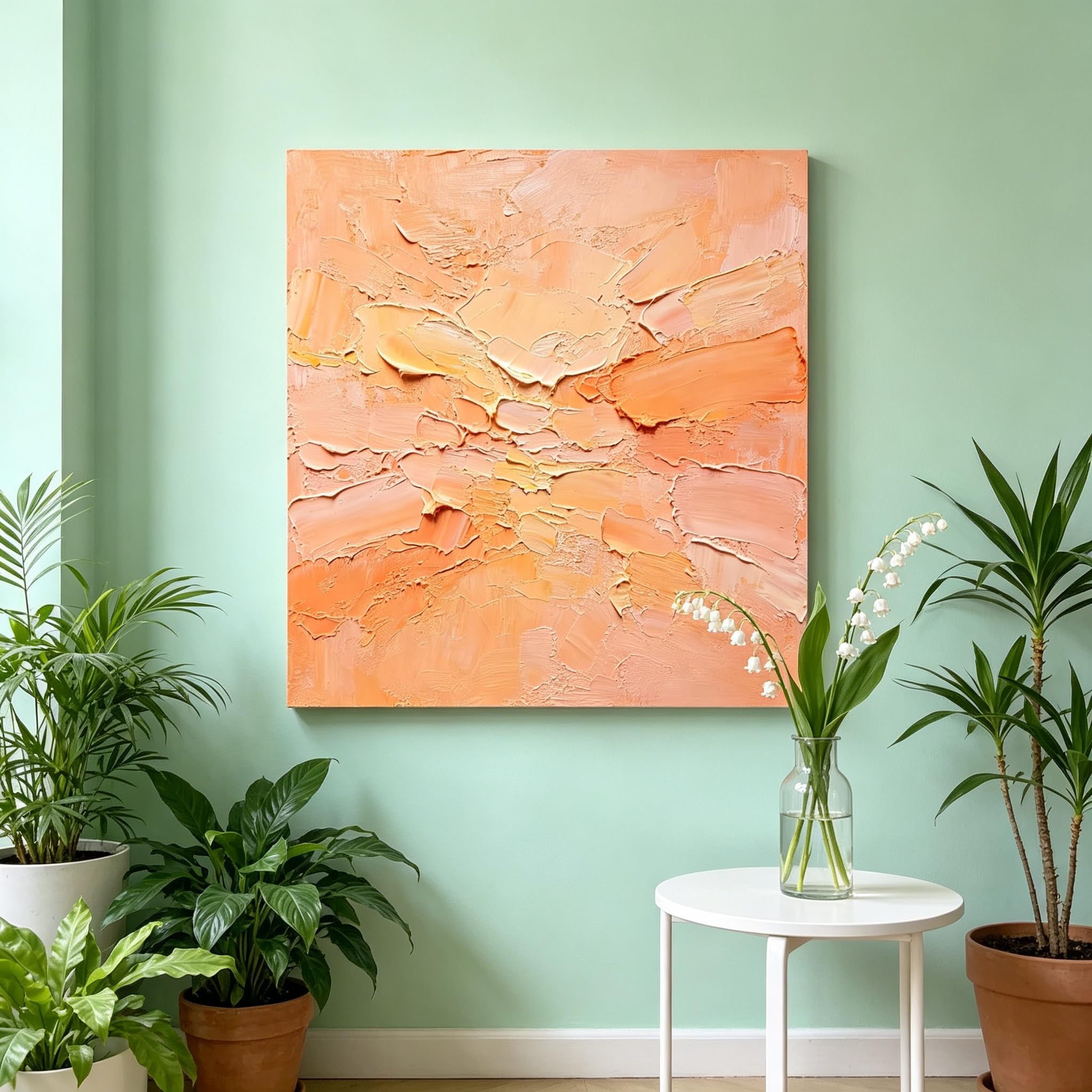 Pintura Al Óleo Abstracta En Tonos Neutros De Melocotón Y Naranja Pintada A Mano con Técnica Impasto Sobre Lienzo. Arte Mural Moderno Minimalista En Tonos Cálidos Estilo Wabi-Sabi para Sala De E
