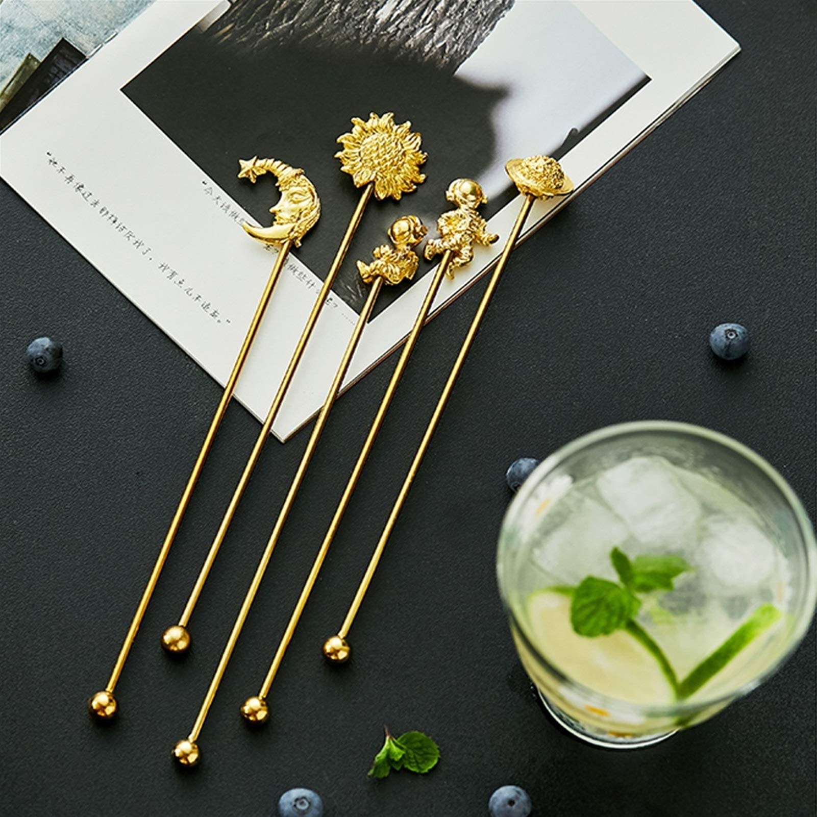Cucharas de Postre Coffee agitando el palillo Creativo Acero Inoxidable Swizzling Stick Fruit Leche Tea Leche Cocktail Bebida Remitente Reutilizable ​Cucharas de Cóctel (Color : A)