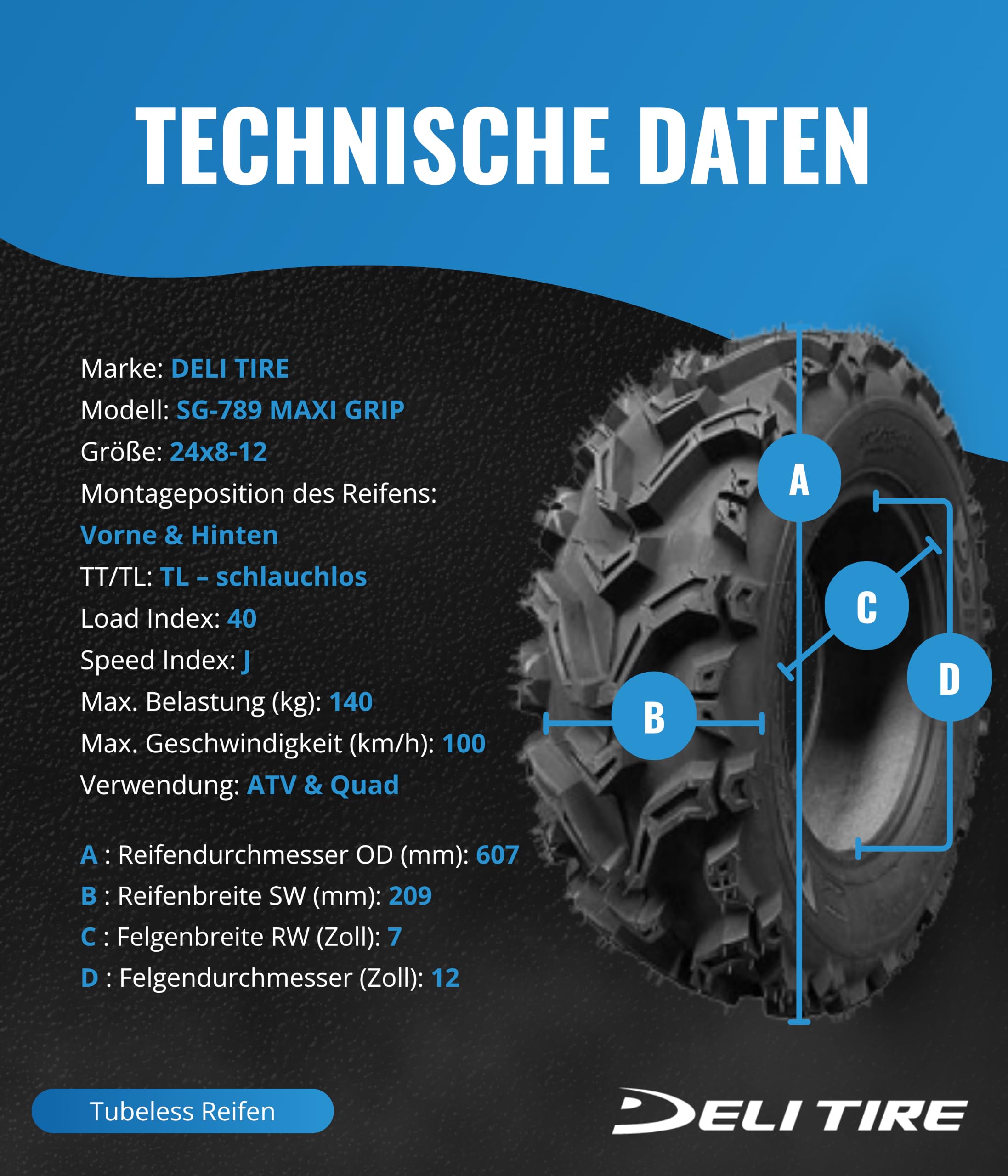 ATV Quad Reifen 24x8-12 SG-789 Maxi Grip 6PR TL 40J | Ganzjahresreifen für Quad/ATV. Naturkautschuk-Mischung: lange Haltbarkeit, gutes Fahrverhalten. TL, 6PR, 40J.