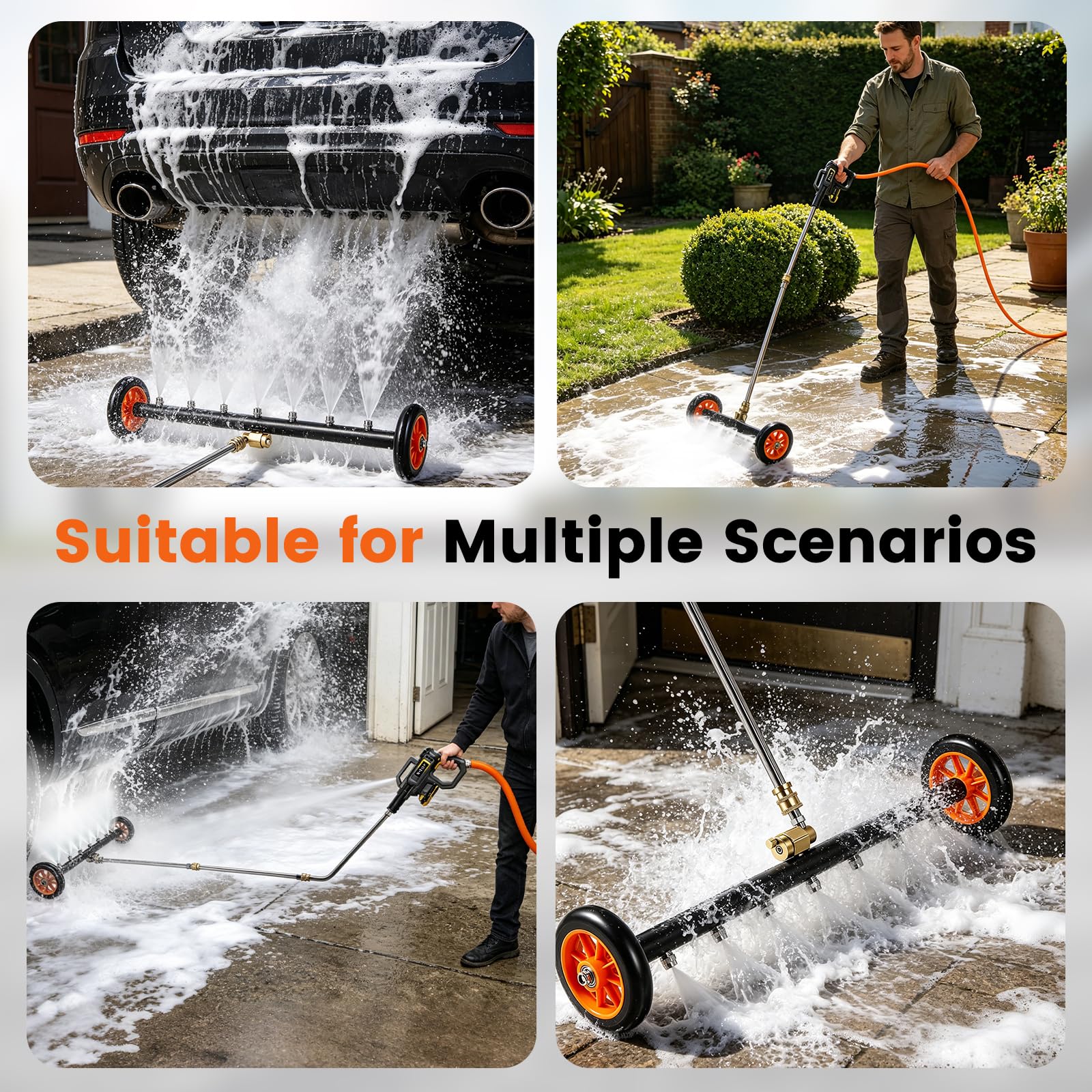 Accesorio para Hidrolavadora, Lavador Bajos Automóviles Accesorio Limpieza Bajos con 7 Boquillas, Ruedas Giratorias y 3 Varillas Extensión 4000 PSI Conexión Rápida 1/4" Doble Función 2 en 1