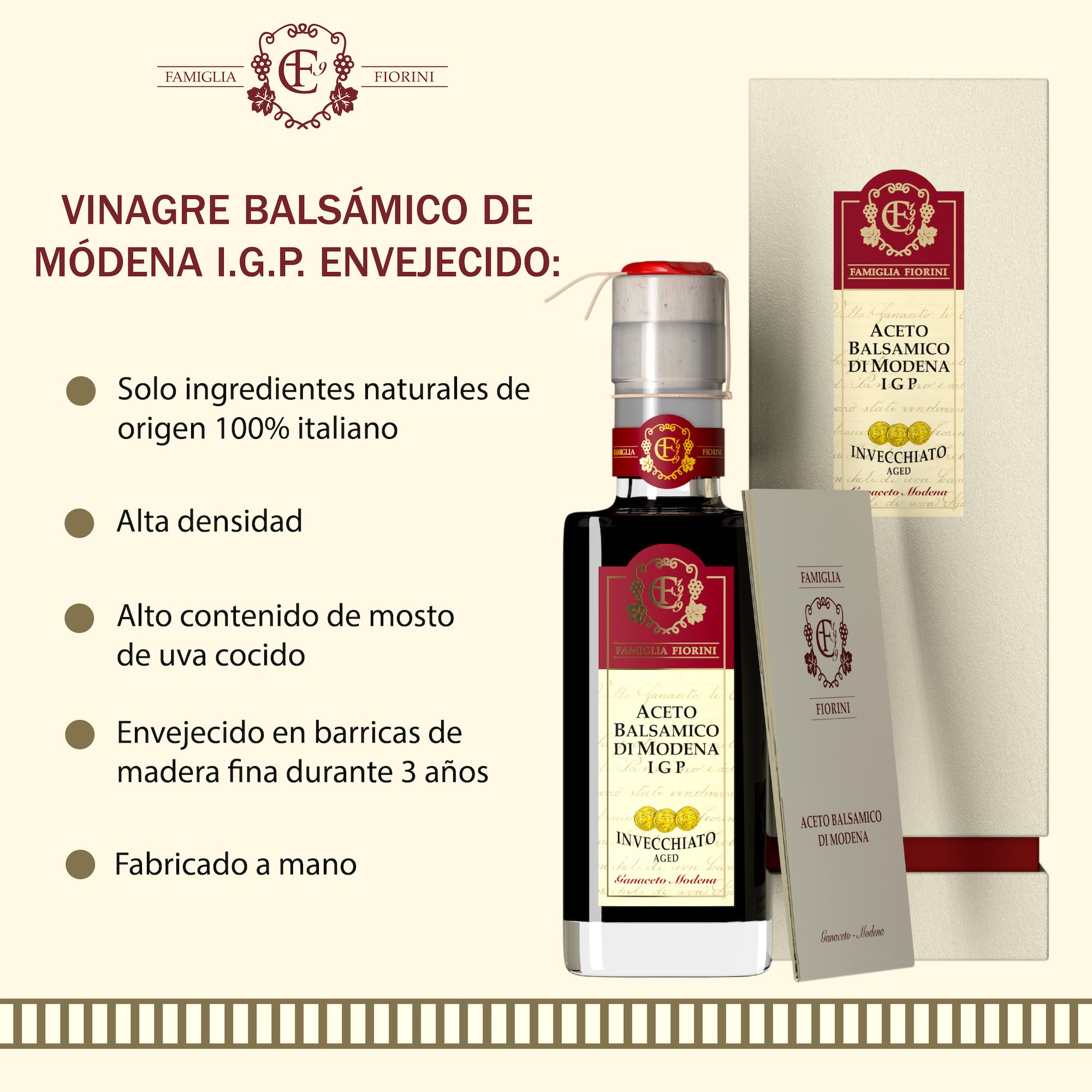 Famiglia Fiorini, Vinagre Balsámico de Módena I.G.P. Envejecido, Vinagre Envejecido durante 3 años en Barrica de Roble, Elaborado con Uvas 100% Italianas, Ideal para Aliñar Ensaladas, 250 ml.