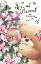 Special Friend Christmas Card – Large 24 x 16 cm – Cute Teddy Bear & Bauble Design with Pink Ribbon Bow – Luxury Glitter Embellished – Includes Envelope – For Best Friend/Female Friend – UK Greeting
