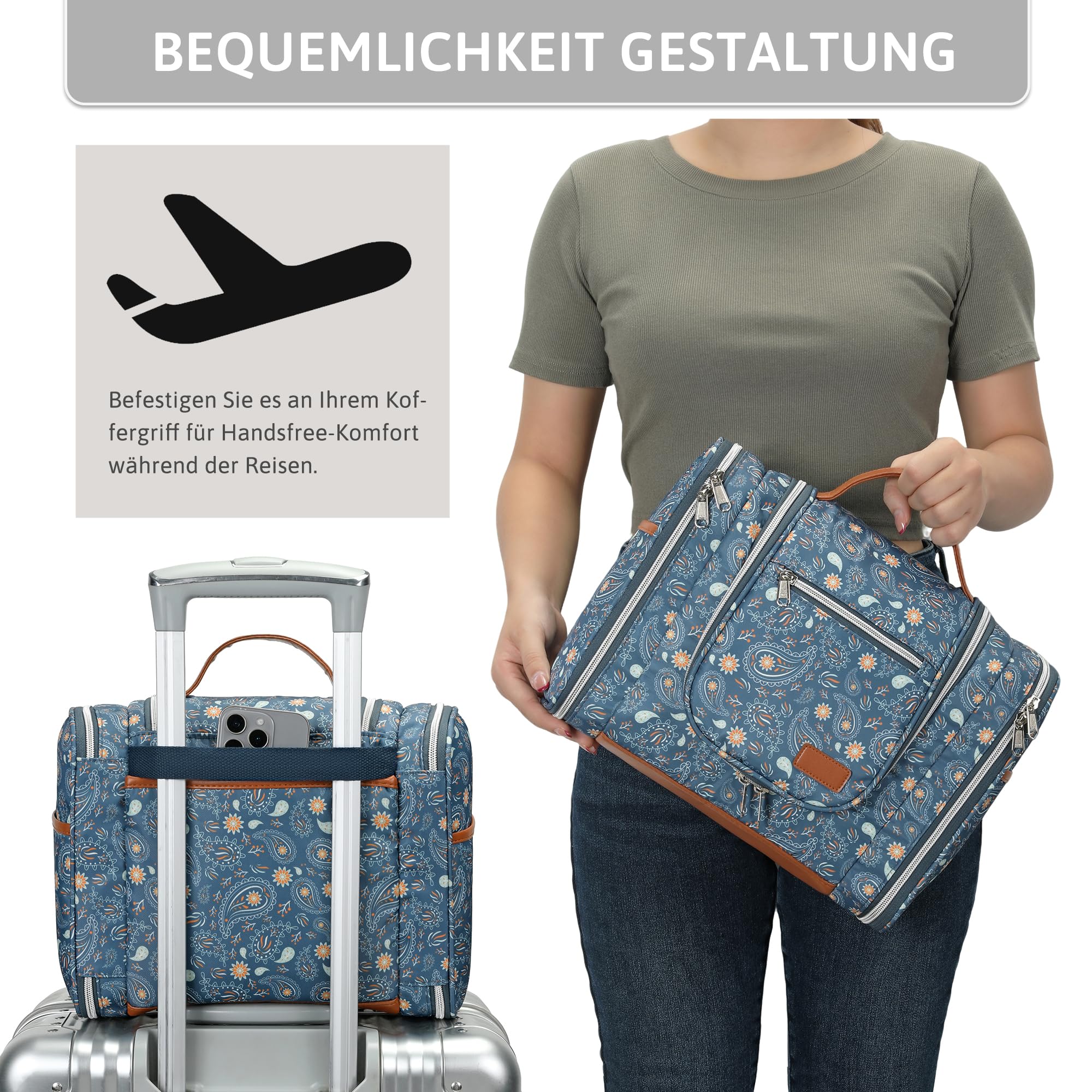 Pearl Angeli Neceser grande para mujer, neceser para colgar, A4-azul Paisley Flores, Neceser | Neceser de viaje grande bolsa de aseo organizador de maquillaje con gancho y asa, bolsa impermeable