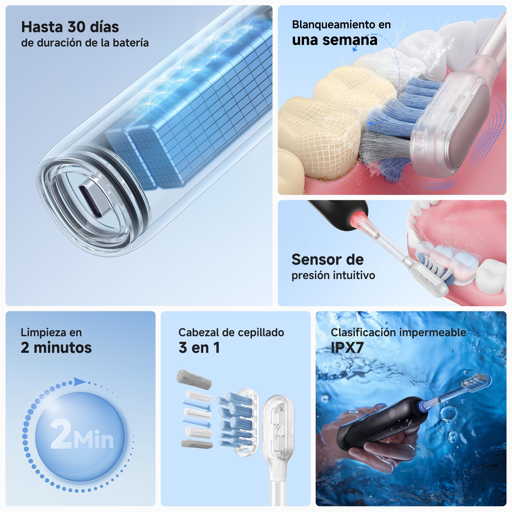 Mova Fresh SweepDrive Cepillo de Dientes Eléctrico, Cepillo Eléctrico Recargable Para Adultos, Carga Tipo C, Cabezal de Cepillado 3-en-1 con Soporte, 30 Días de Duración de La Batería, Negro