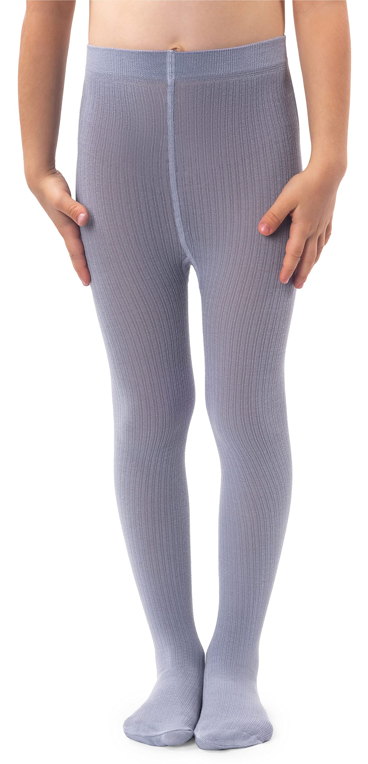 NOQ Girls Plain Knit Tights Footed Warm Opaque School Kid Stockings Ballet Dance Show Nursery, Silver 8/9 years