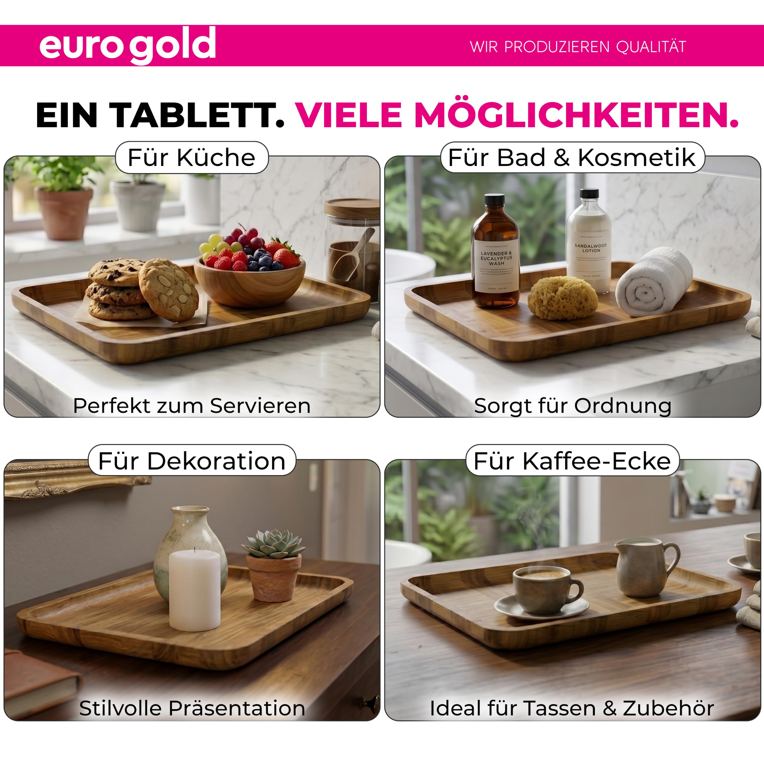 EUROGOLD Bambus Tablett rechteckig 3er Set für Küche & Tisch
