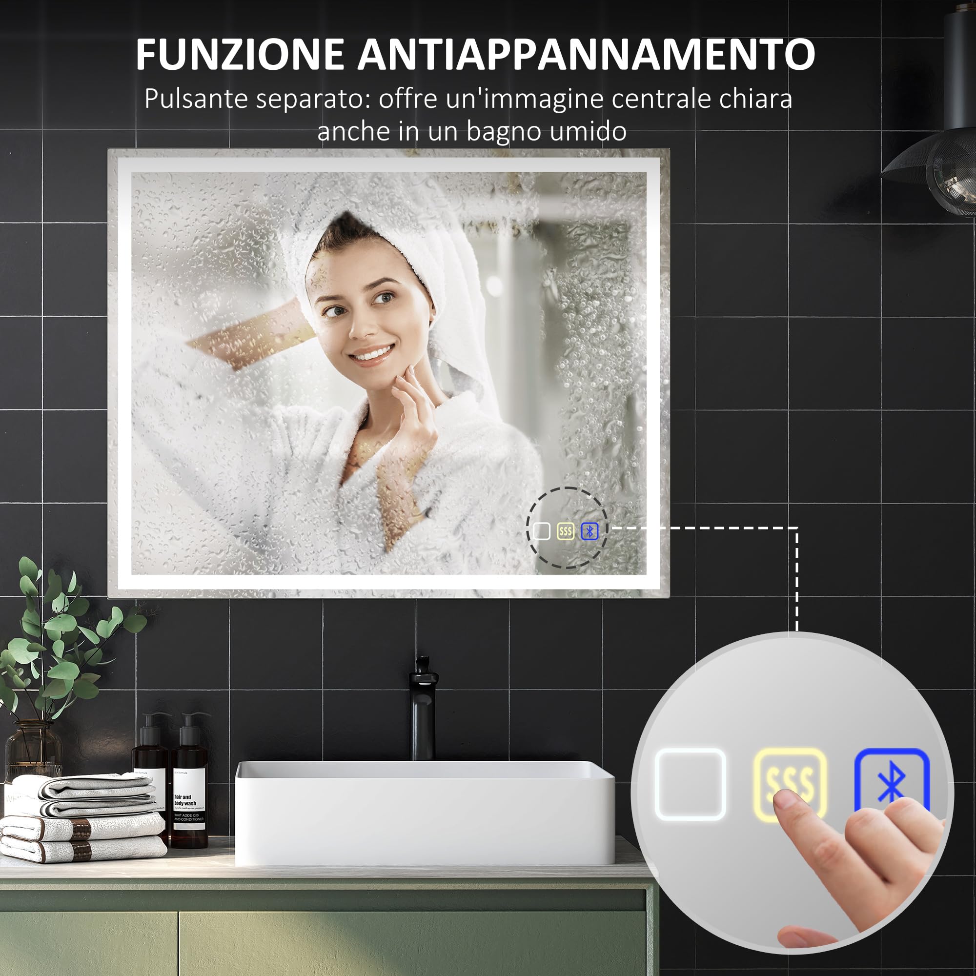 HOMCOM, Specchio da Parete con Luce LED e Speaker Bluetooth 100x80 cm | 3 Colori, Luminosità Regolabile, Funzione Memoria, Antiappannamento, Interruttori Touch, Orizzontale/Verticale