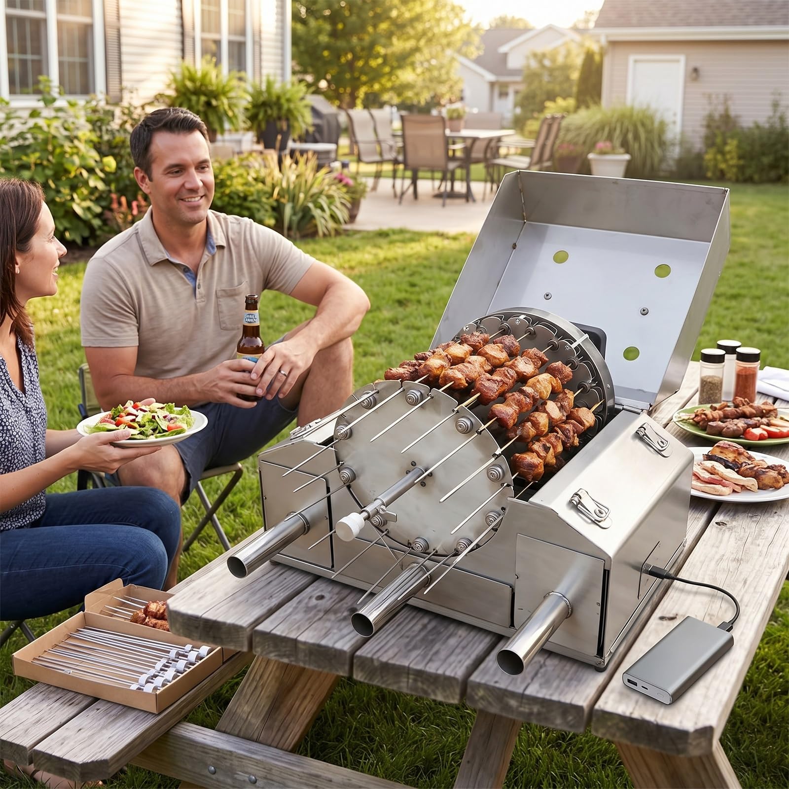 Automatyczny obrotowy grill rożenowy, bezdymny grill węglowy ze stojakiem obrotowym, 100 szpikulców BBQ, akumulator i zasilacz typu C, grill 360° do kebaba na patio(12Skewers)