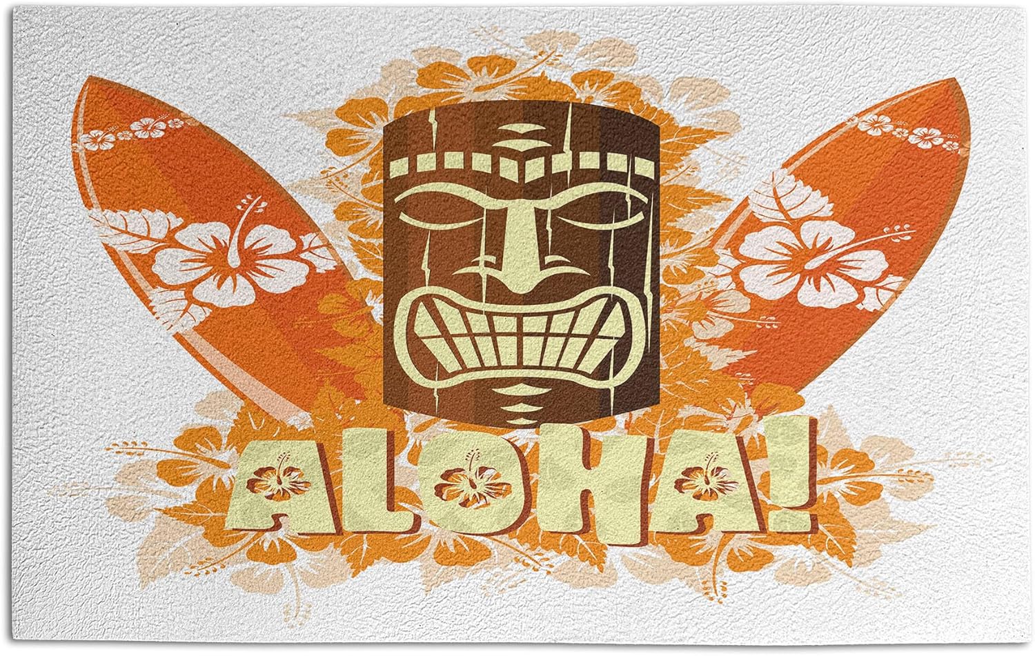 Ambesonne Tiki Bar Doormat, Hibiscus Flora Burst Orange Surfboards Aloha Tropical Summer Season, Decorative Polyester Floor Mat with Non-Skid Backing, 30 X 18, Orange Brown Pale Yellow