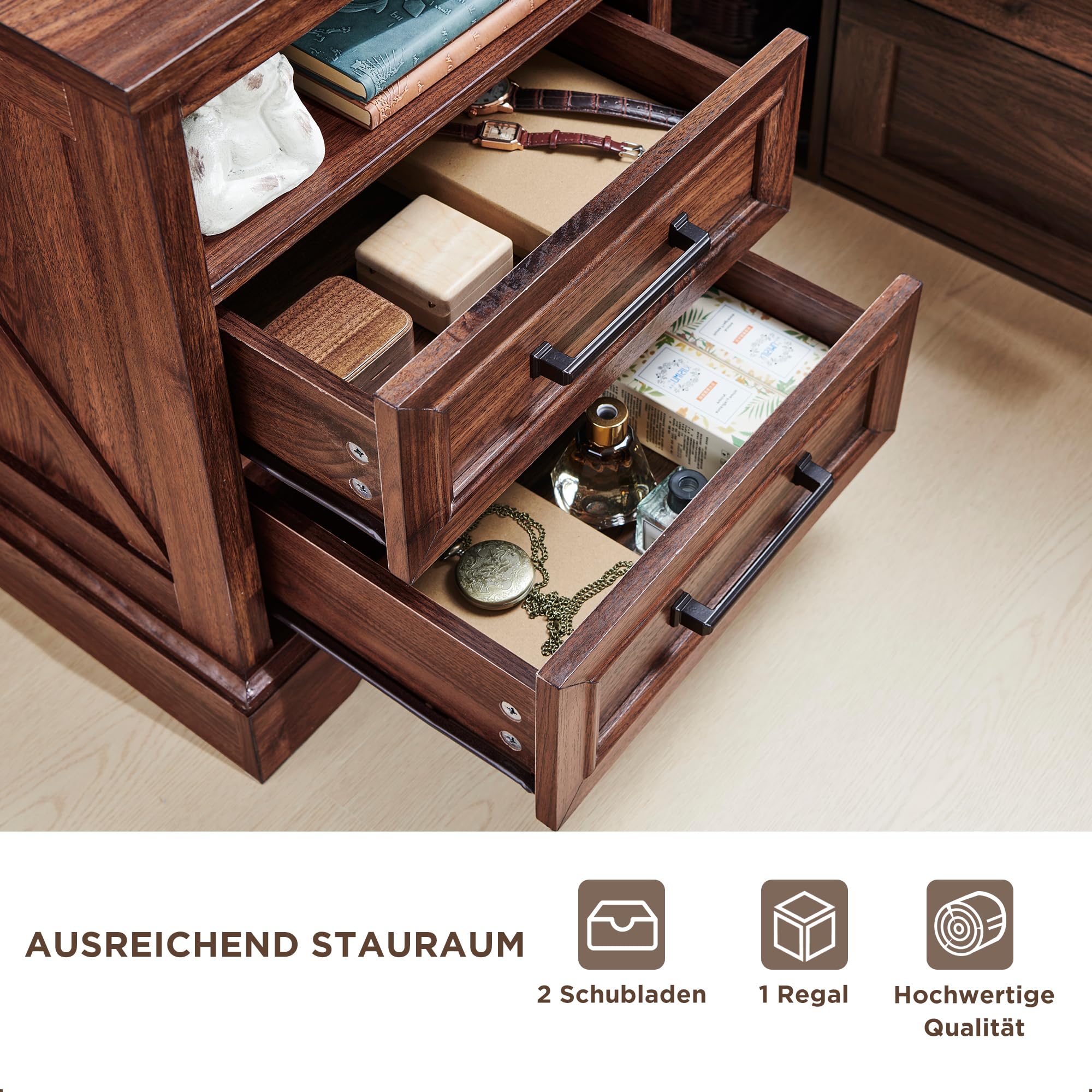 45.7cm Bauernhaus Nachttisch mit Ladestation, Beistelltisch mit 2 Schubladen zur Aufbewahrung, Seitentisch, Nachtschrank für Schlafzimmer, Wohnzimmer,Braun