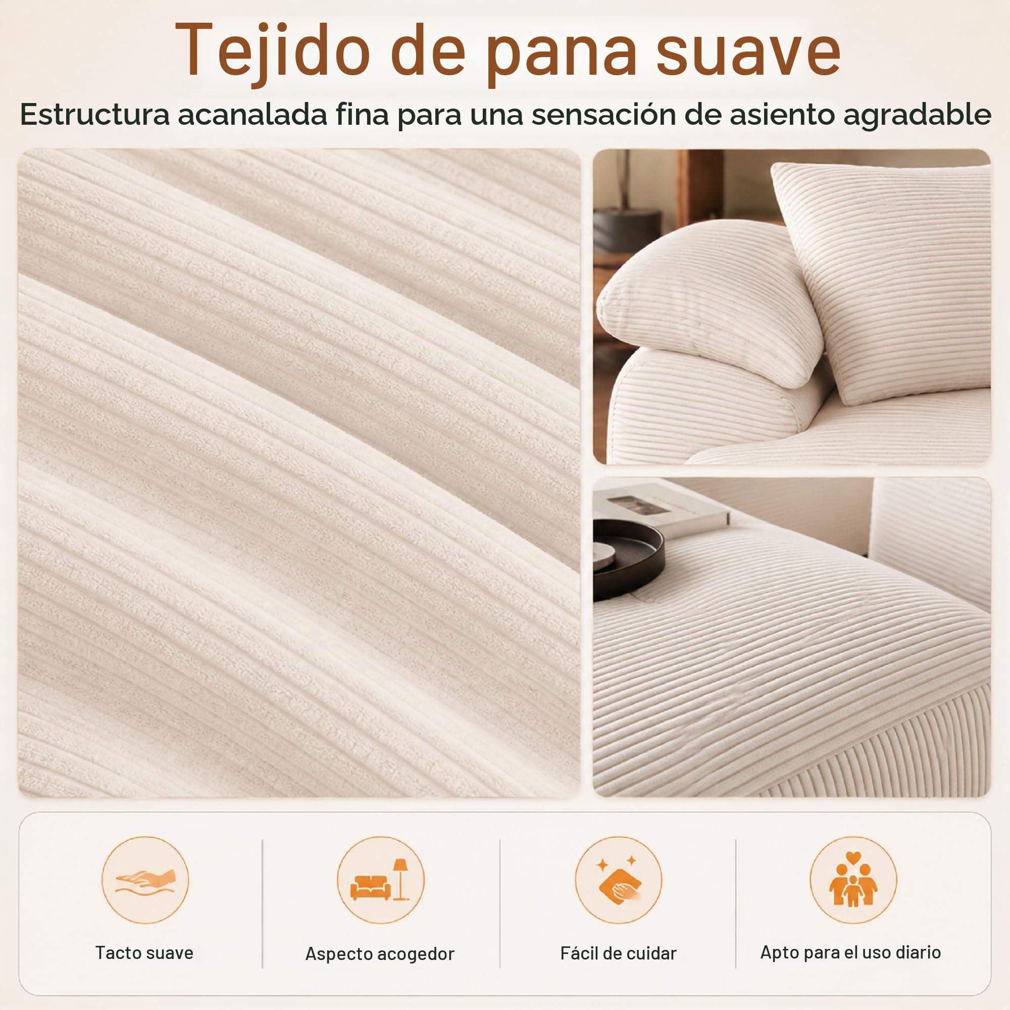 Sofá de esquina en forma de L, modular de 3 plazas, sofá apilable, combinable de forma flexible, tapizado en terciopelo acanalado, beige