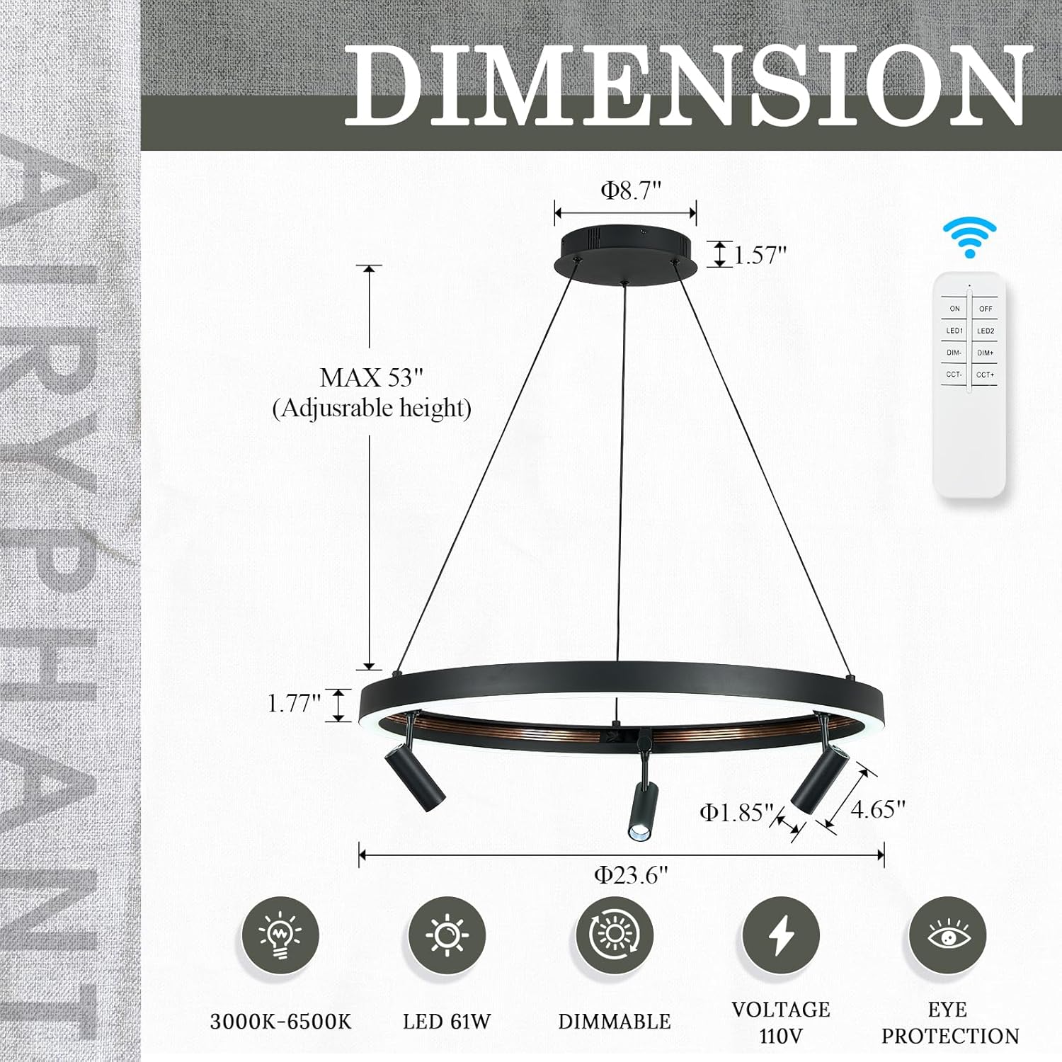 Modern Track Light Kit with 23.6" LED Ring Chandeliers Remote Control Track Lighting Spotlights with Adjustable Light Heads