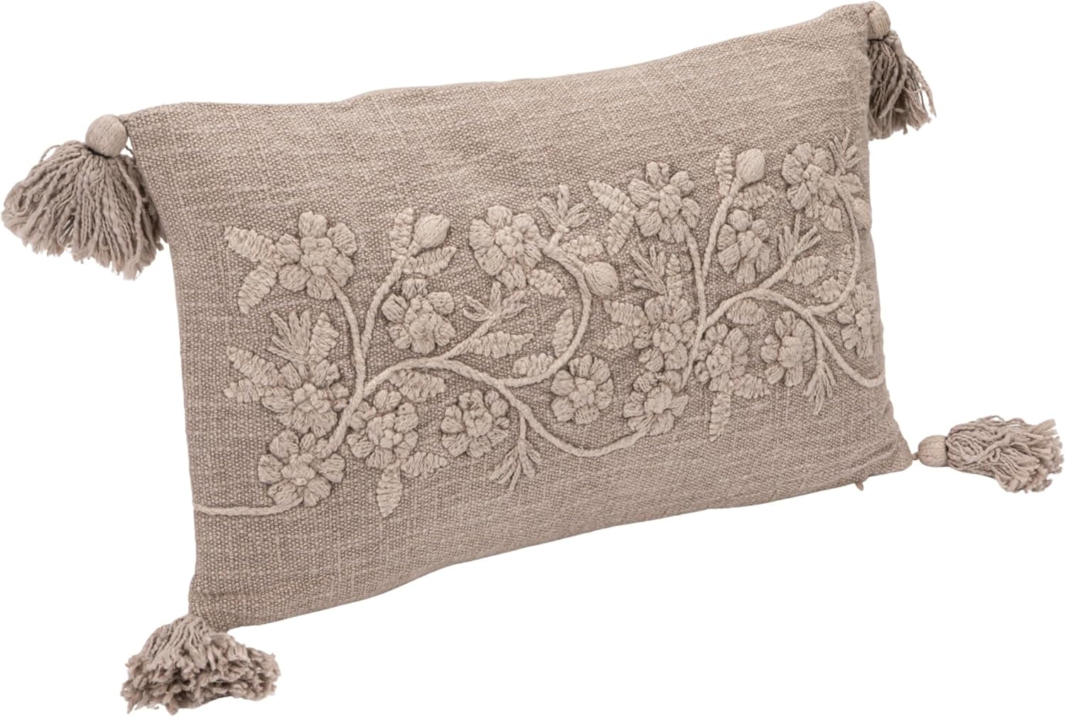 Creative Co-Op Stonewashed Cotton Slub Lumbar Pillow with Embroidered Flowers and Tassels, Taupe Beige