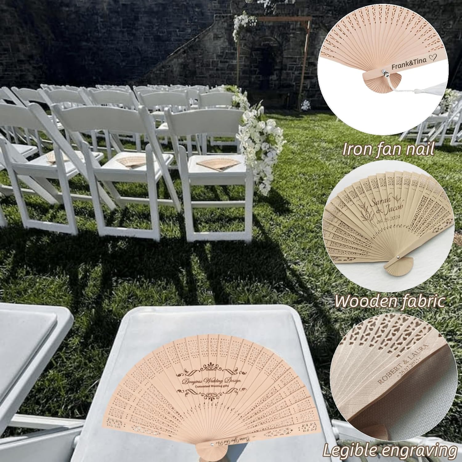 LIUBAI Personalized Wedding Hand Sandalwood Folding Fans Custom Wooden Hand Fans with Engraved Text Wedding Fans with Organza Bags Wedding Party Favor for Guests (50 pcs)