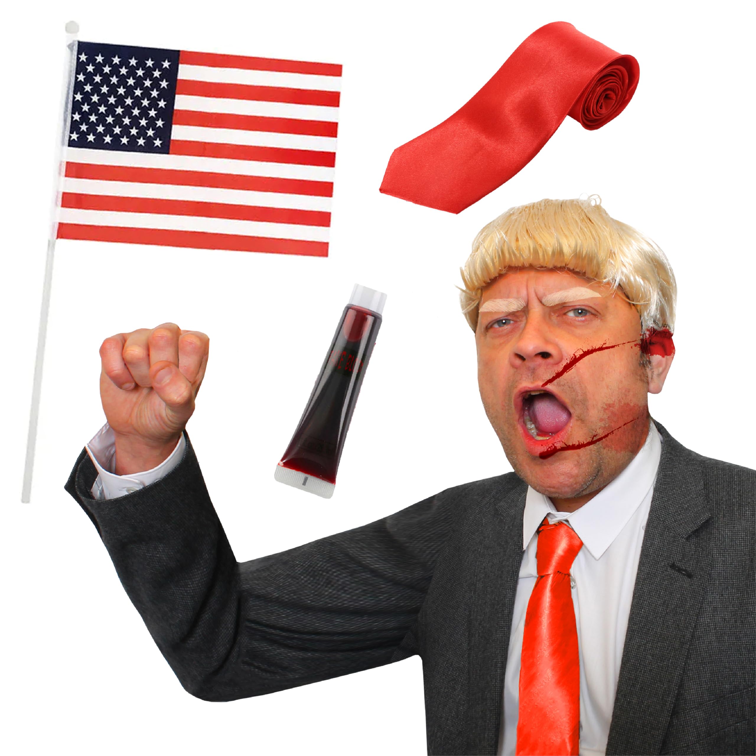 Adults US President Accessory Set - Blonde Wig, Red Tie, USA Hand-Waving Flag, Fake Blood - Adults Celebrity Fancy Dress Costume Accesssory Set