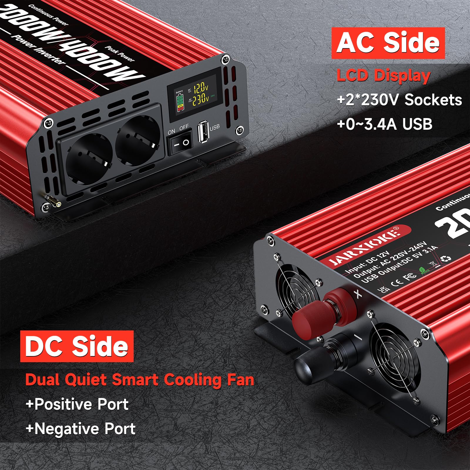 Przetwornica napięcia 2000 W, DC 12 V na AC 230 V, 2 gniazda AC i port USB, przetwornik prądu z wyświetlaczem LCD, do samochodów osobowych, przyczep kempingowych, ciężarówek