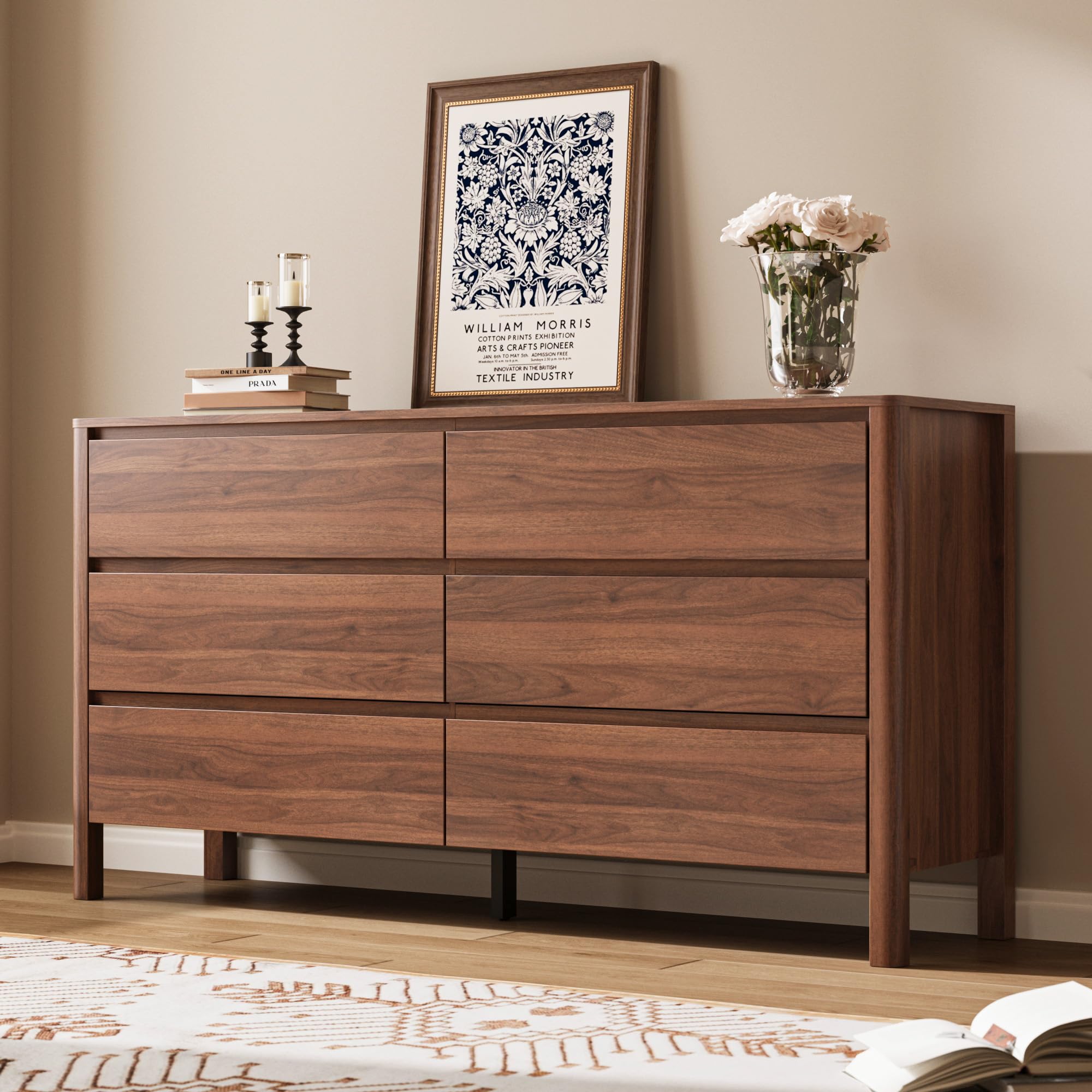 MAISONARIA Walnut Dresser for Bedroom, 55.1" Wide Dresser with 6 Drawers and Hidden Handles, Modern Wood Chest of Drawers for Clothes and Accessories,