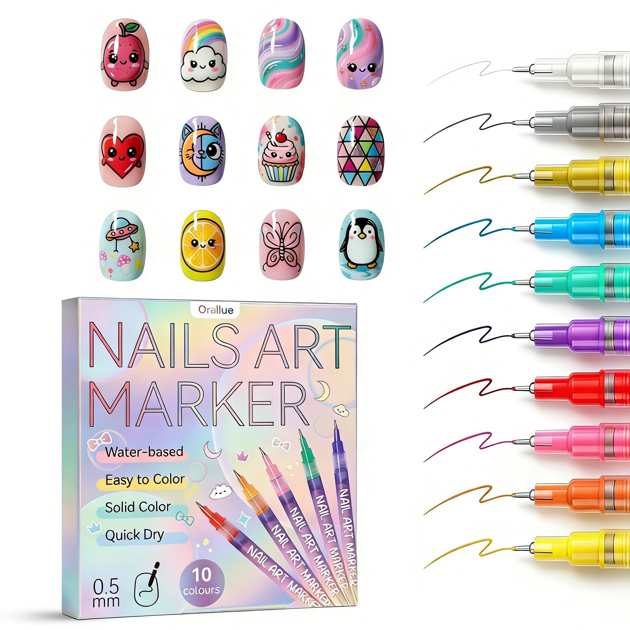 View 1 of 10 Colors Nail Art Pens Set, Nail Art Markers for Dotting, Drawing, Painting & Lining, Acrylic Nail Polish Pens for Beginners, 0.5mm Fine Tip,Quick Dry,Waterproof