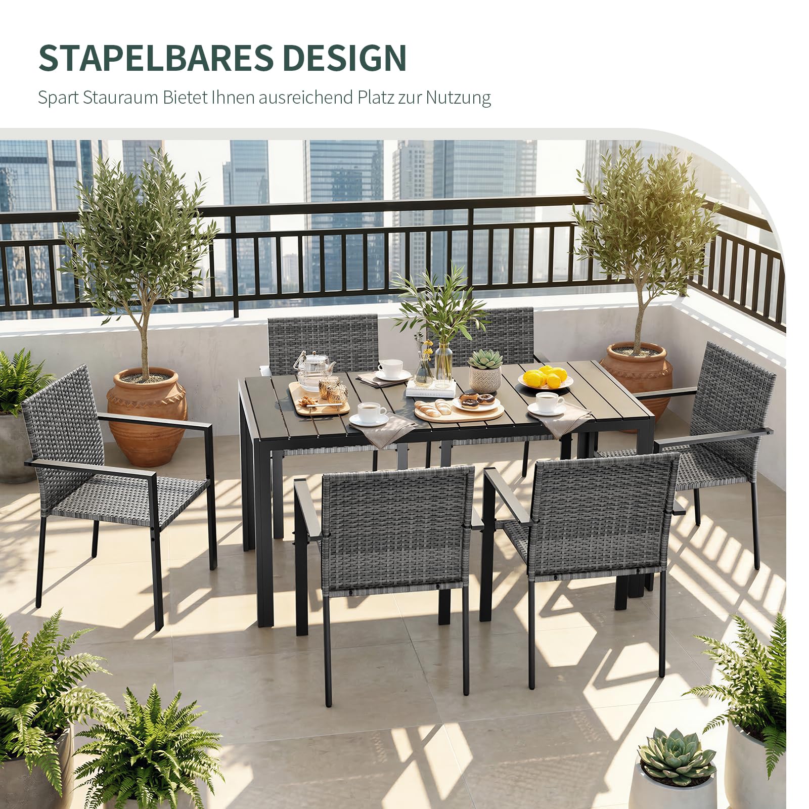 Amopatio Gartenstühle Stapelbar 6er Set, Polyrattan Stapelstuhl Garten mit Armlehnen, Stabiler Stahlrahmen, Wetterfest Rattansessel - Rattan Balkonstühle für Balkon, Terrasse, Grau