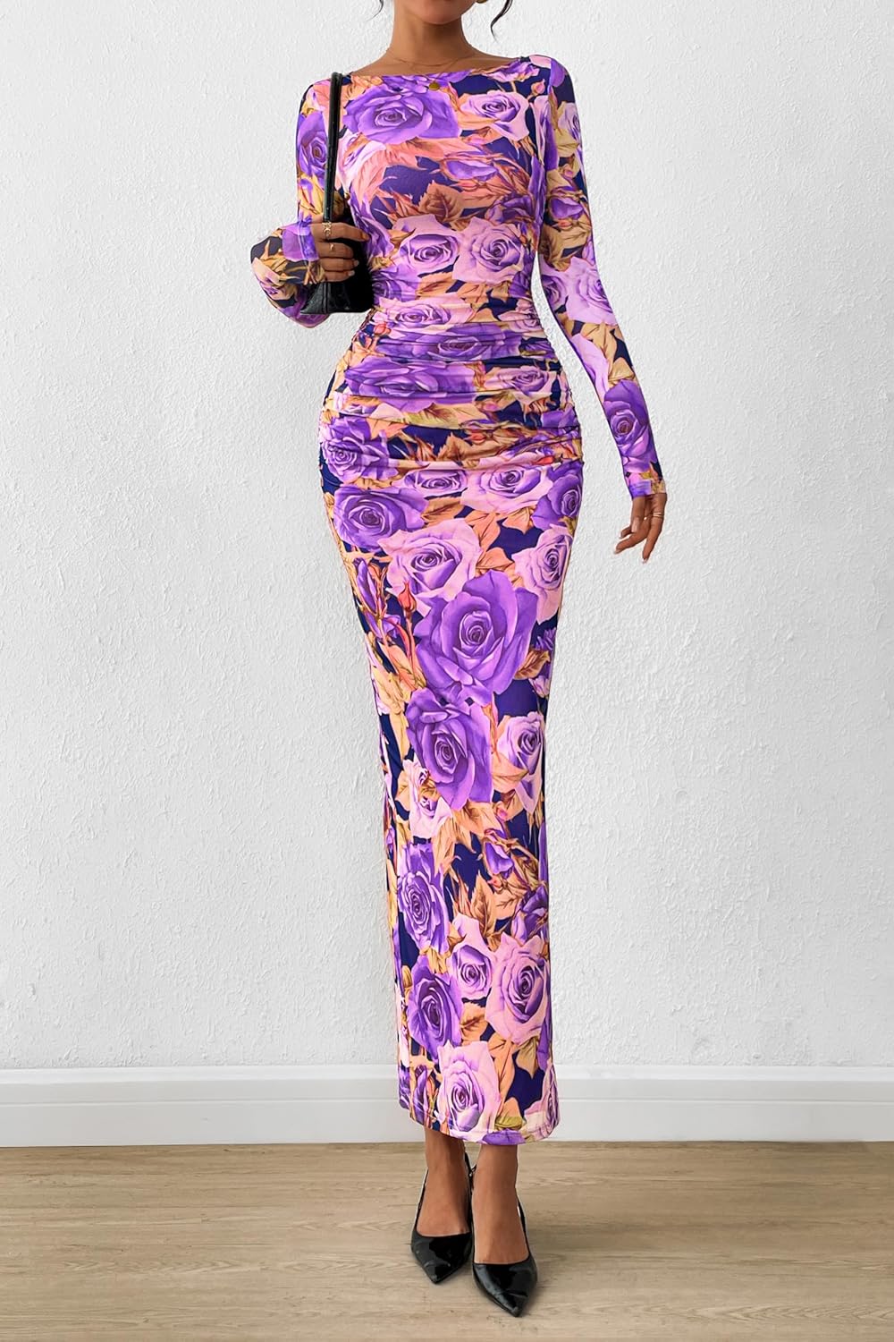 PRETTYGARDEN Women's Long Sleeve Bodycon Dresses 2026 Spring Sexy Floral Mesh Slit Ruched Tight Maxi Wedding Guest Dress - Image 7