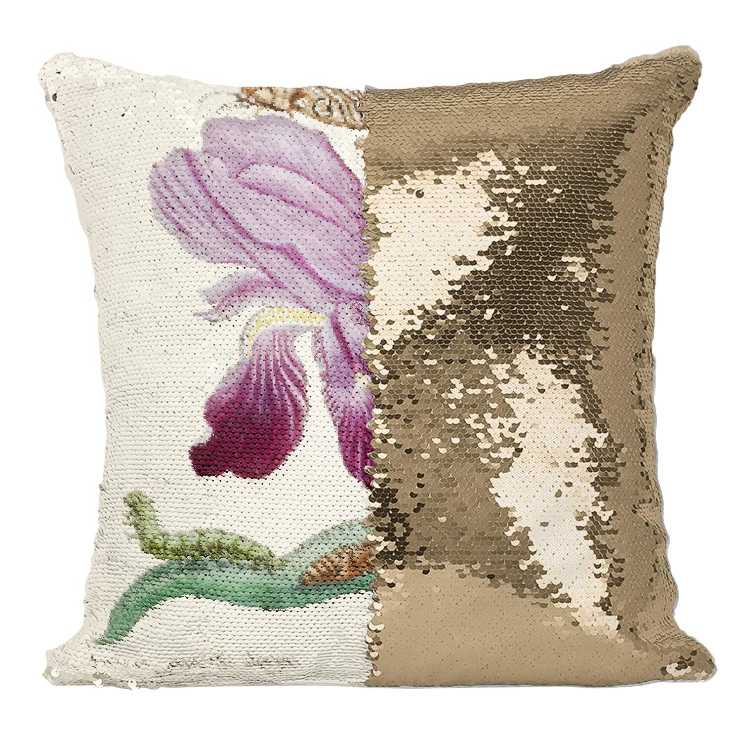 Coussin sequin doré avec illustration botanique ancienne de papillons et fleurs
