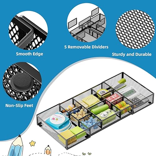 Miniatura 6 de Marbrasse Organizador de cajones de escritorio expandible, bandeja organizadora de cajones de malla con 10 compartimentos ajustables, organizadores