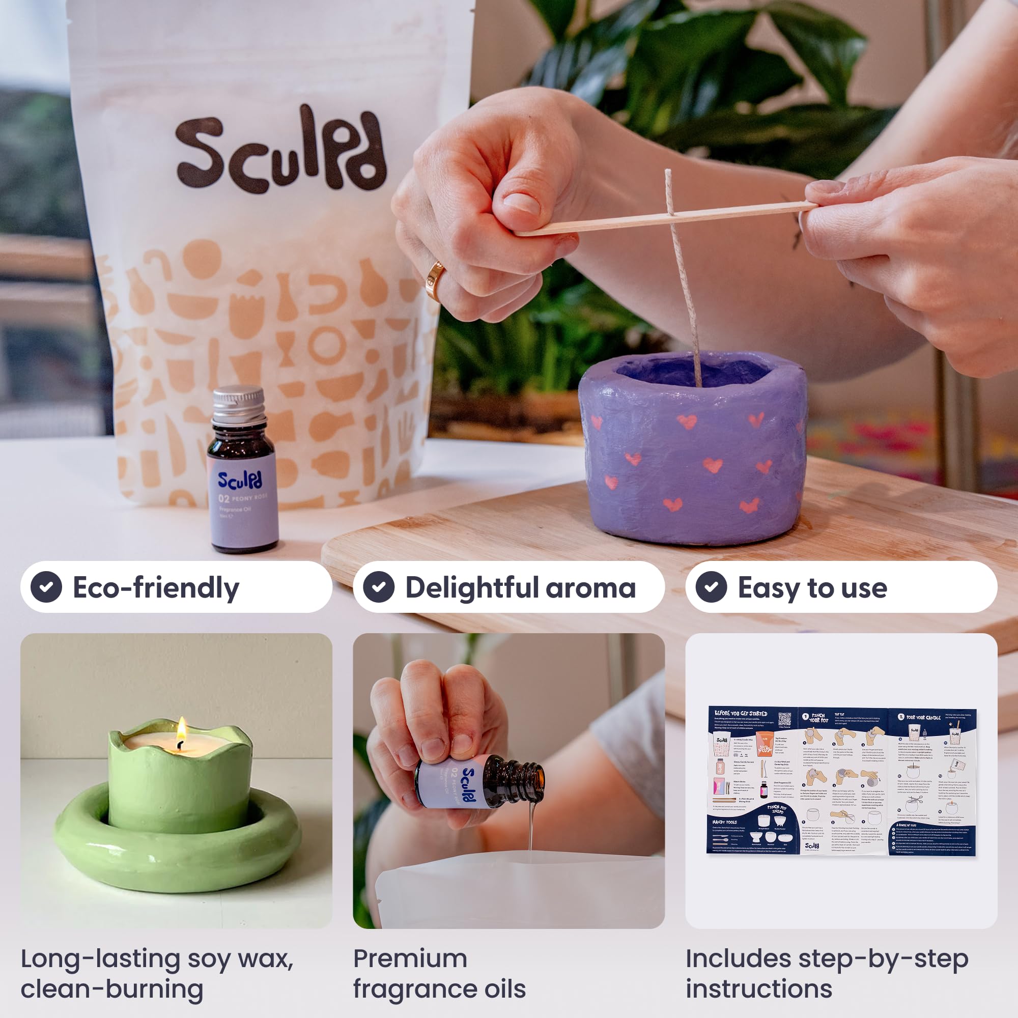 Sculpd, Kit per creare candele con argilla autoindurente, per principianti e adulti, con cera di soia ecologica, oli profumati, vernice, utensili e istruzioni (lingua italiana non garantita)