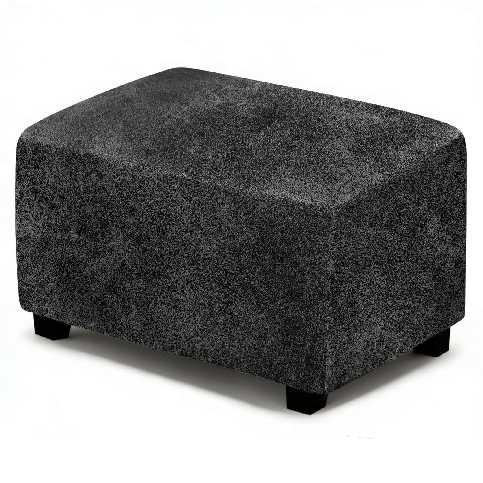 ANARACHON Leather Like Ottoman Cover, Stretch Small Square Ottoman Covers, Rectangular Ottoman Slipcovers with Removable Washable Non-Slip Elastic Bottom for Footstools (02 Dark Grey, Small)