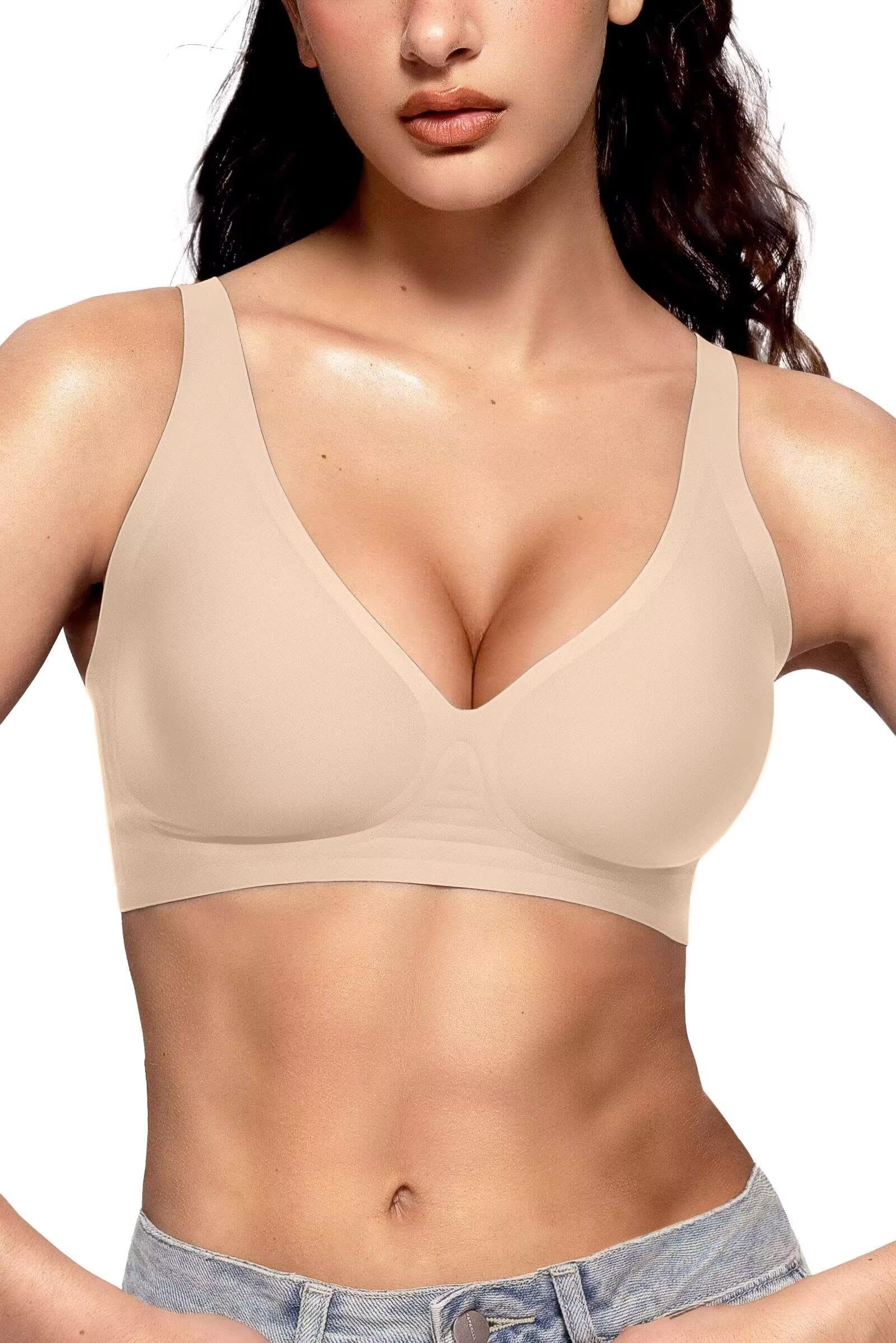 Vertvie Womens Wireless Seamless Bras Deep V No Underwire Push Up Bras Supportive Full Coverage Bralettes Plunge T Shirt Bra